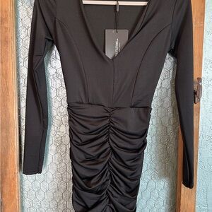 PrettyLittleThing Slinky Bodycon Black Ruched Long Sleeve Dress